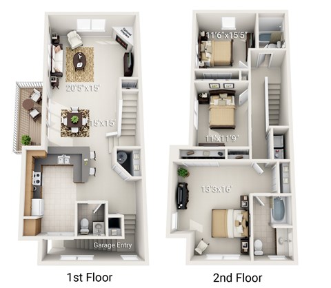 Floor plan for 3 beds, 2.5 baths, 1555 sqft