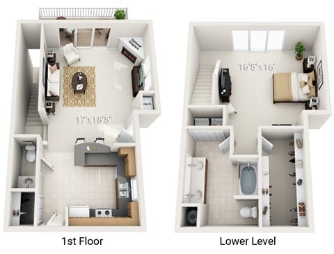 Floor plan for 1 bed, 1.5 baths, 1042 sqft