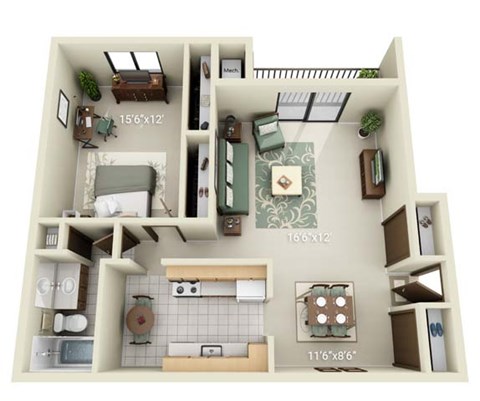 Floor plan for 1 bed, 1 bath, 840 sqft