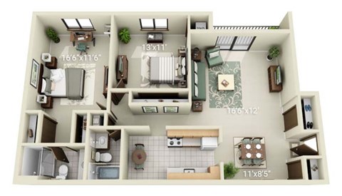 Floor plan for 2 beds, 2 baths, 1100 sqft