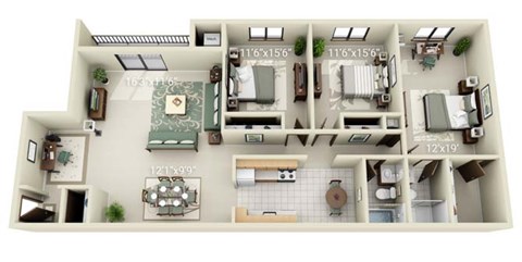 Floor plan for 3 beds, 2 baths, 1350 sqft