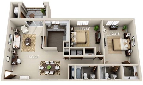 Floor plan for 2 beds, 2 baths, 1200 sqft