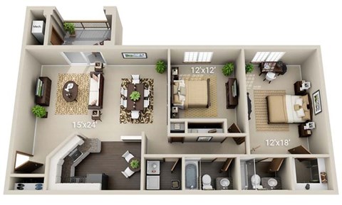 Floor plan for 2 beds, 2 baths, 1200 sqft
