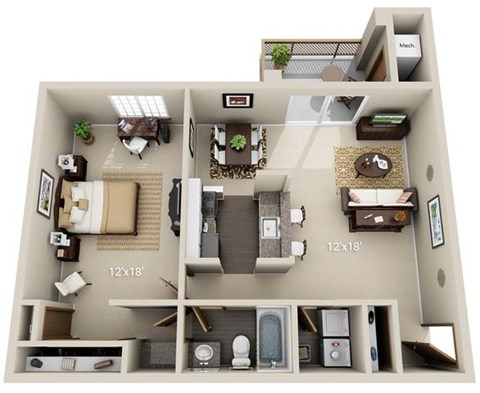 Floor plan for 1 bed, 1 bath, 816 sqft