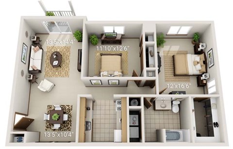 Floor plan for 2 beds, 1 bath, 1190 sqft