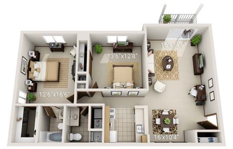 Floor plan for 2 beds, 2 baths, 1245 sqft