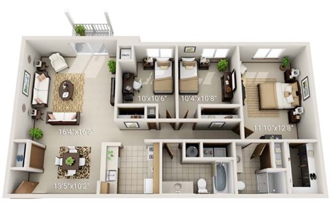 Floor plan for 3 beds, 2 baths, 1345 sqft