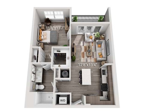 Floor plan for 1 bed, 1 bath, 722 sqft