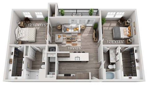 Floor plan for 2 beds, 2 baths, 1155 sqft