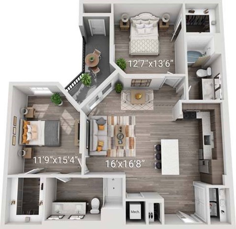 Floor plan for 2 beds, 2 baths, 1173 sqft
