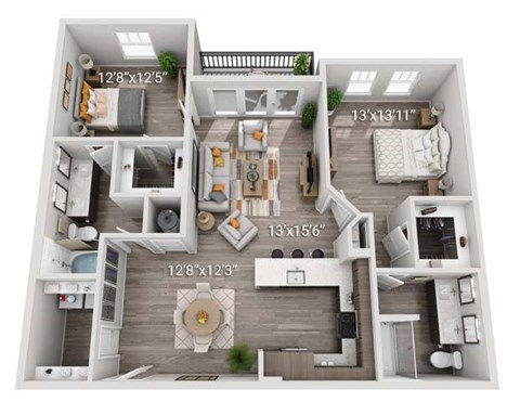 Floor plan for 2 beds, 2 baths, 1278 sqft