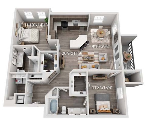 Floor plan for 2 beds, 2 baths, 1300 sqft
