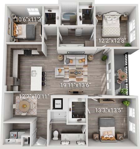 Floor plan for 3 beds, 2 baths, 1509 sqft