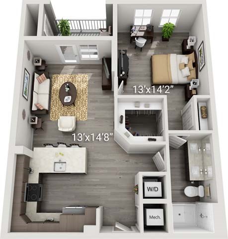 Floor plan for 1 bed, 1 bath, 804 sqft