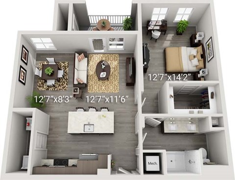 Floor plan for 1 bed, 1 bath, 867 sqft
