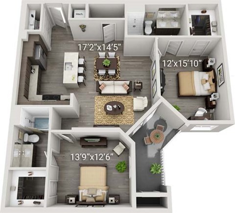 Floor plan for 2 beds, 2 baths, 1195 sqft