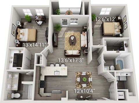 Floor plan for 2 beds, 2 baths, 1259 sqft