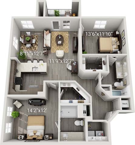 Floor plan for 2 beds, 2 baths, 1264 sqft