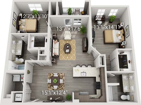 Floor plan for 2 beds, 2 baths, 1283 sqft