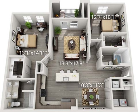 Floor plan for 2 beds, 2 baths, 1325 sqft