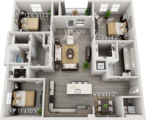 Floor plan for 3 beds, 2 baths, 1486 sqft
