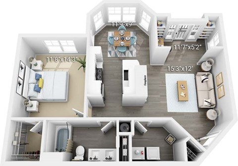 Floor plan for 1 bed, 1 bath, 890 sqft