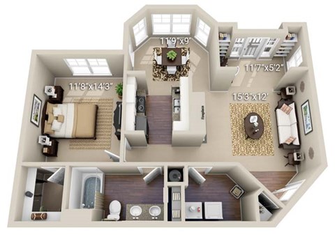 Floor plan for 1 bed, 1 bath, 890 sqft