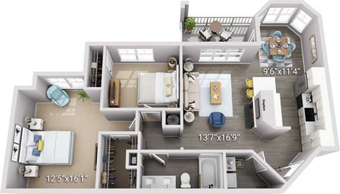 Floor plan for 2 beds, 1 bath, 1040 sqft