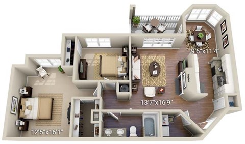 Floor plan for 2 beds, 1 bath, 1040 sqft