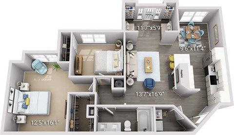 Floor plan for 2 beds, 1 bath, 1103 sqft