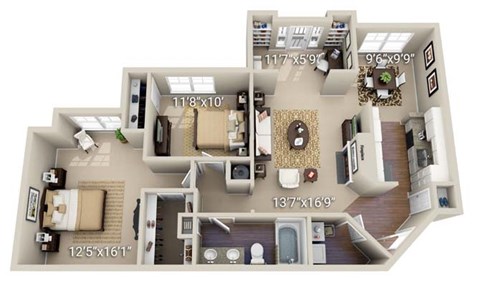 Floor plan for 2 beds, 1 bath, 1103 sqft