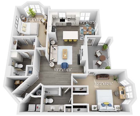 Floor plan for 2 beds, 2 baths, 1201 sqft