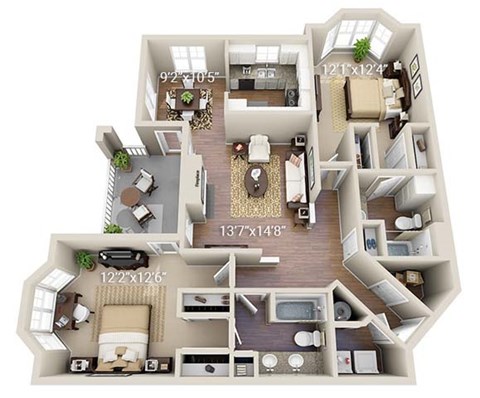 Floor plan for 2 beds, 2 baths, 1201 sqft