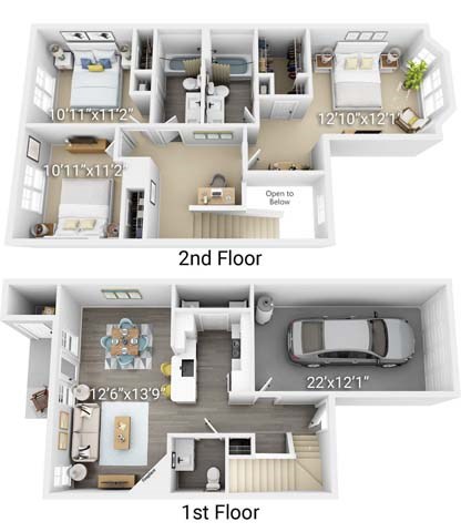 Floor plan for 3 beds, 2 baths, 1442 sqft