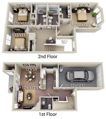 Floor plan for 3 beds, 2 baths, 1442 sqft