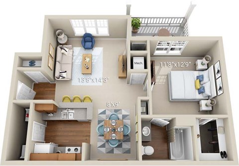 Floor plan for 1 bed, 1 bath, 725 sqft