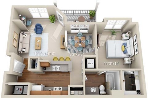 Floor plan for 1 bed, 1 bath, 800 sqft