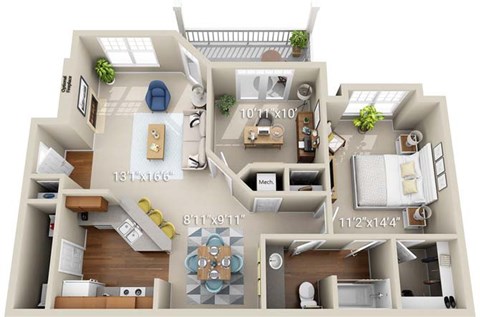 Floor plan for 1 bed, 1 bath, 950 sqft