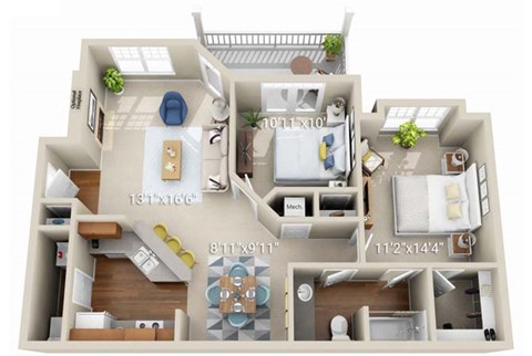 Floor plan for 2 beds, 1 bath, 950 sqft
