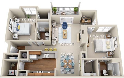 Floor plan for 2 beds, 2 baths, 1109 sqft
