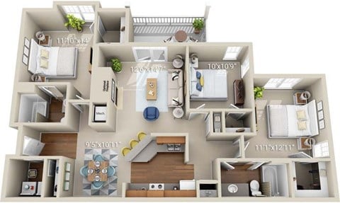 Floor plan for 3 beds, 2 baths, 1300 sqft