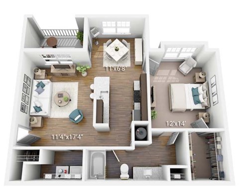 Floor plan for 1 bed, 1 bath, 905 sqft
