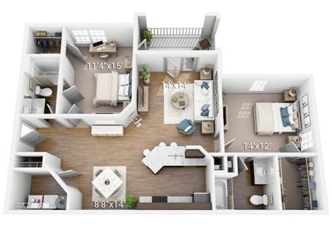 Floor plan for 2 beds, 2 baths, 1170 sqft