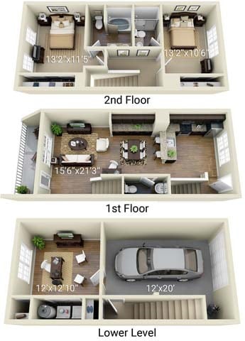 Floor plan for 2 beds, 2.5 baths, 1269 sqft