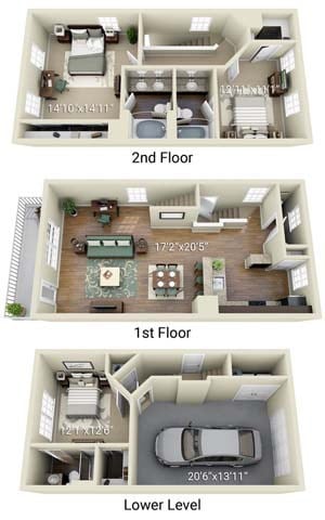 Floor plan for 3 beds, 3.5 baths, 1495 sqft