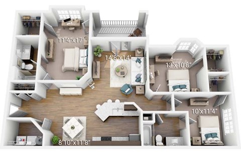 Floor plan for 3 beds, 2 baths, 1367 sqft