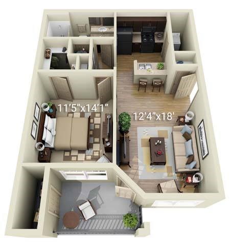 Floor plan for 1 bed, 1 bath, 707 sqft