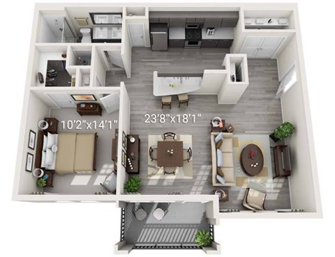 Floor plan for 1 bed, 1 bath, 833 sqft