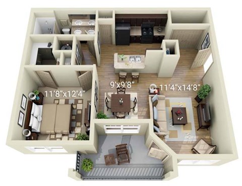 Floor plan for 1 bed, 1 bath, 833 sqft