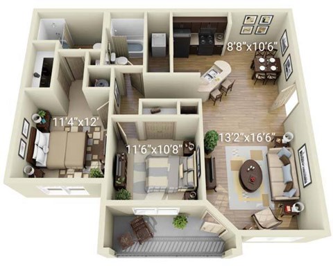 Floor plan for 2 beds, 2 baths, 1067 sqft